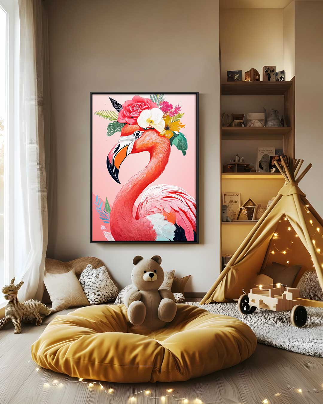 Bloemrijke Flamingo – modern portret kunstwerk van WallArtistic