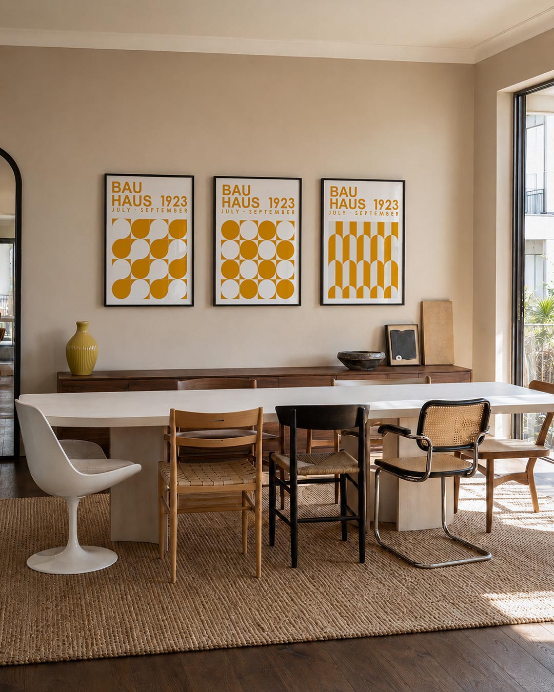 Vorm en kleur driedelige posterset – deze posterset in drie delen toont een ritmisch spel van halve cirkels en vierkanten in