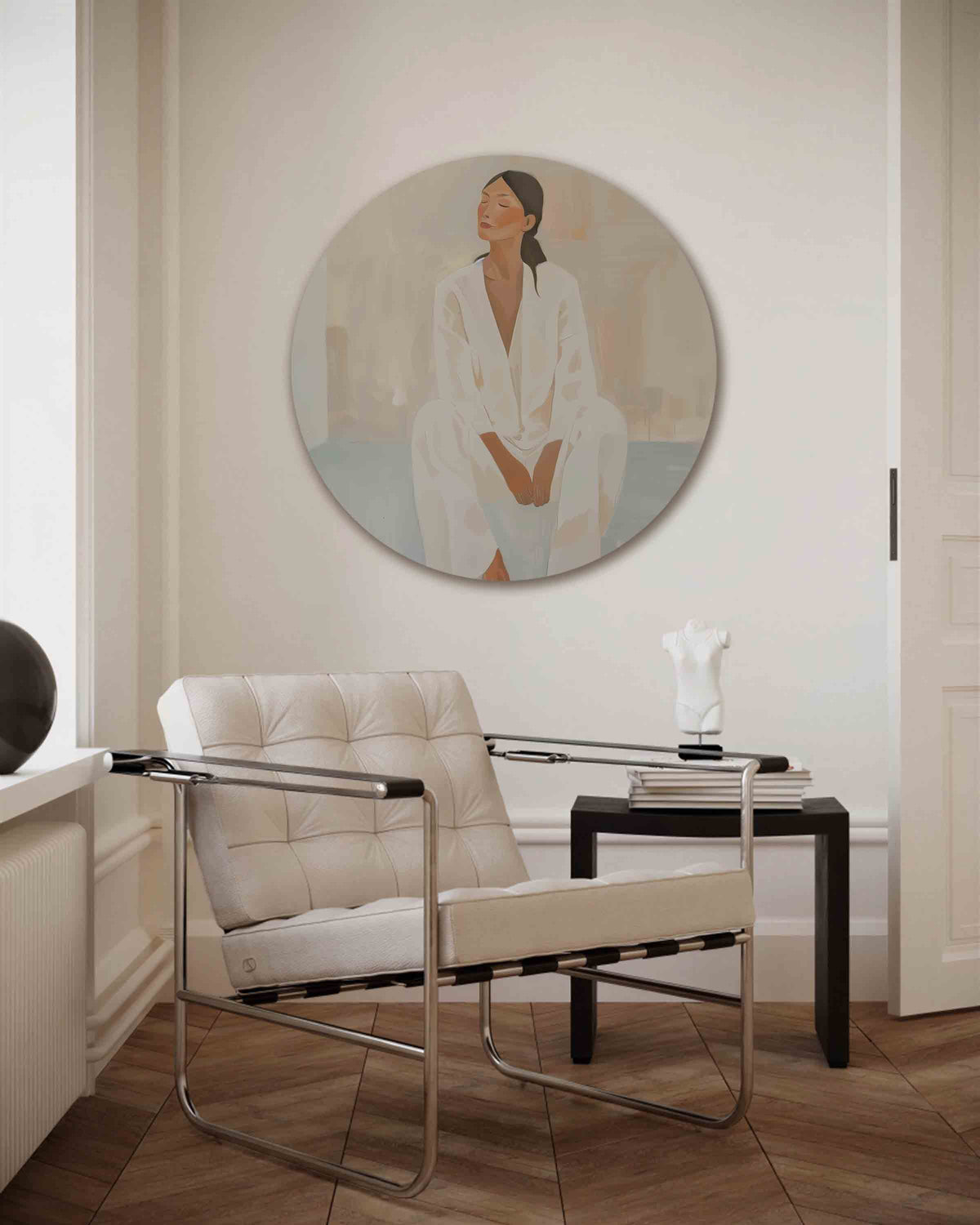 Zittende vrouw – kleurrijke muurcirkel als ronde wanddecoratie