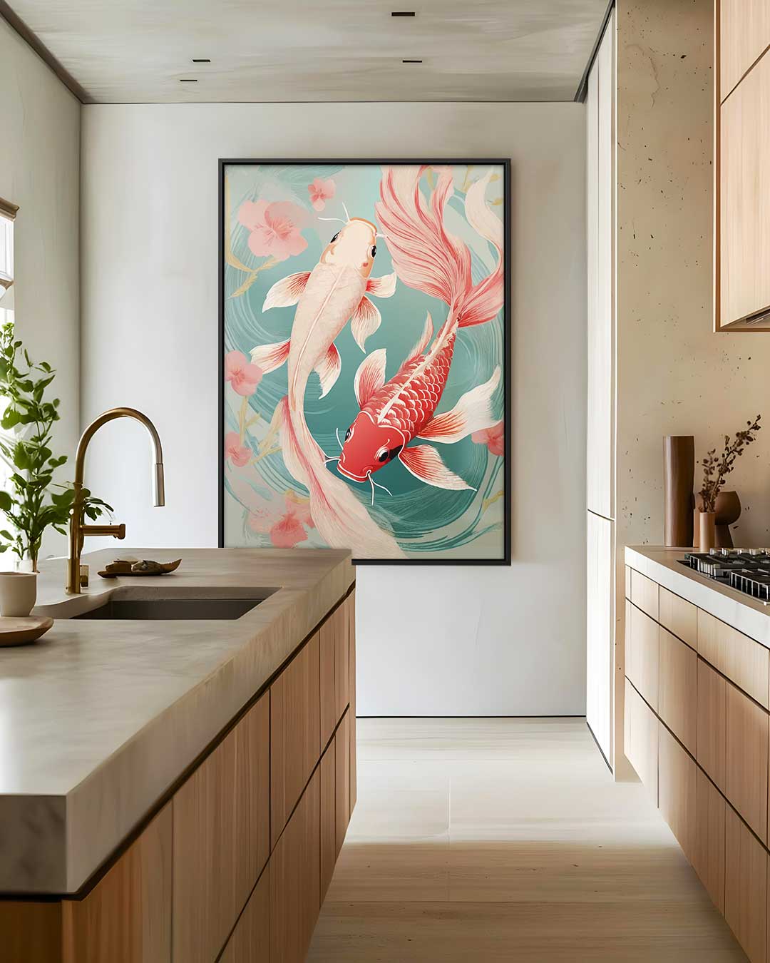 Elegant Koi Vissen Kunstwerk – dibond wanddecoratie in staand formaat
