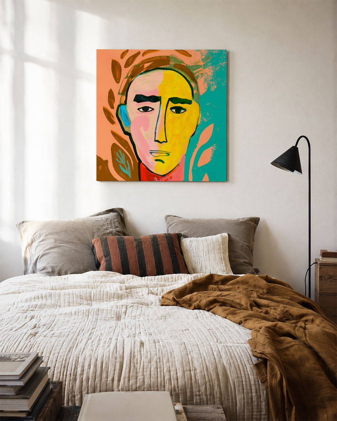 Gezichtsvormen kunstwerk – detailweergave – dit werk toont een gezicht met gedurfde lijnen en contrasterende kleuren. De