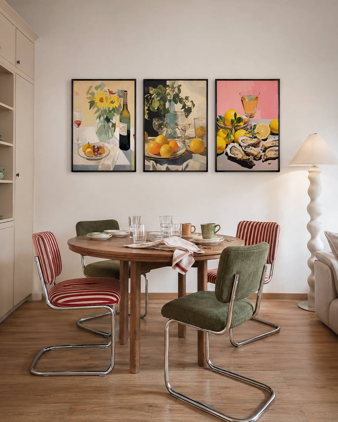 Zonnige tafelsetting driedelige posterset – een fles en glazen op een tafel met bloemen in een vaas