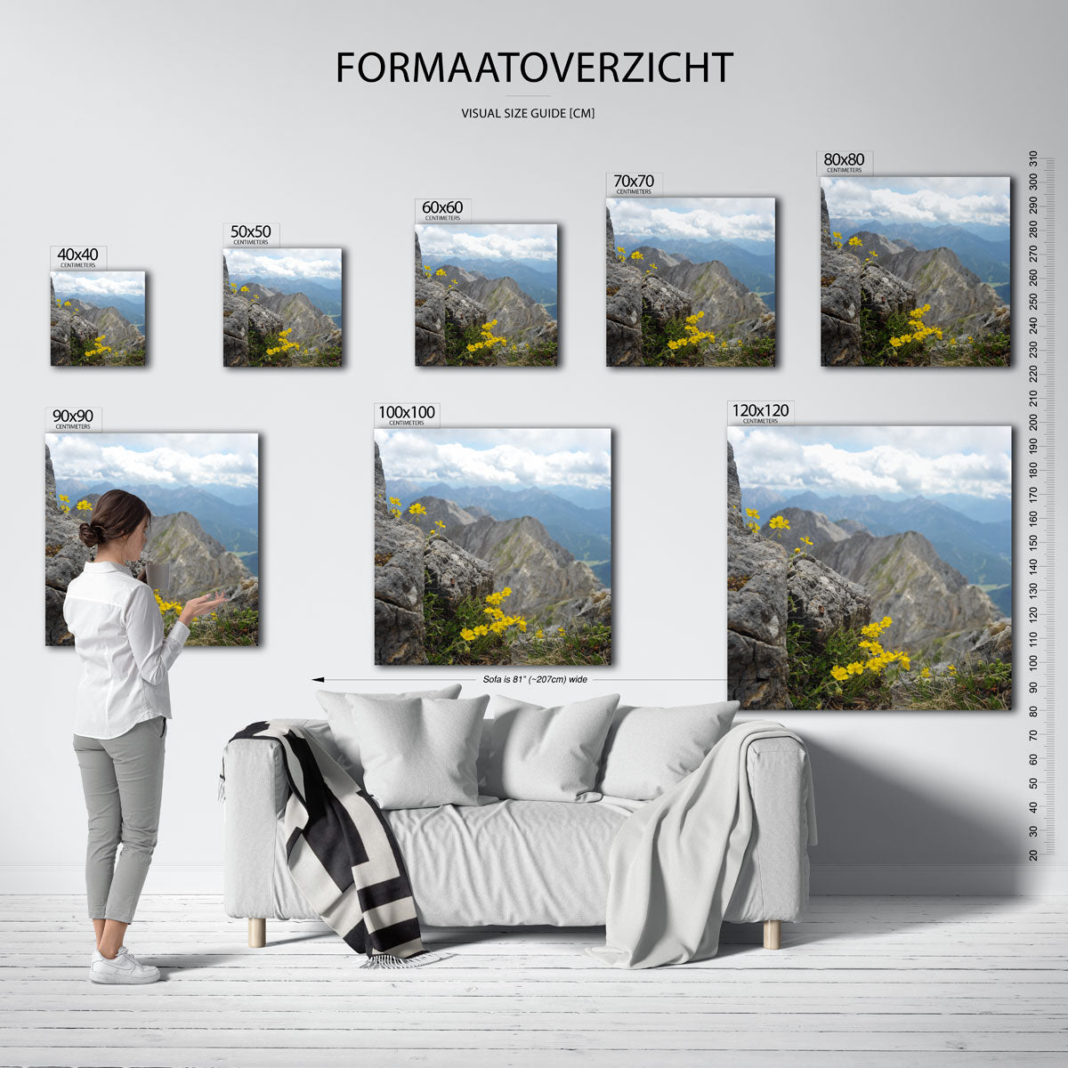 Berglandschap met bloemen poster – sfeerbeeld – deze poster toont een ruig berglandschap met gele bloemen op de voorgrond. De