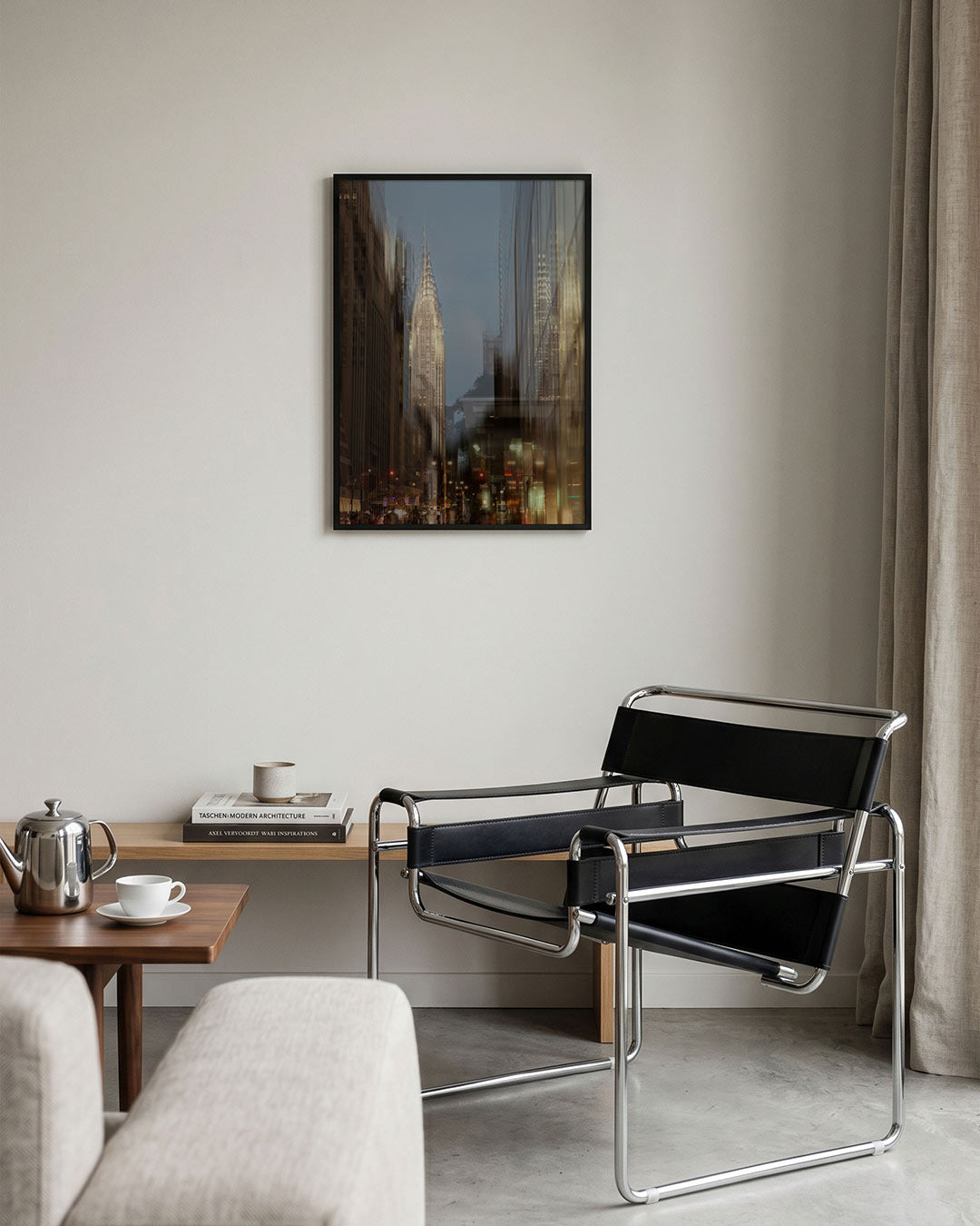 Stedelijke reflecties poster – tweede productweergave – deze poster toont een stad met hoge gebouwen en reflecties. De