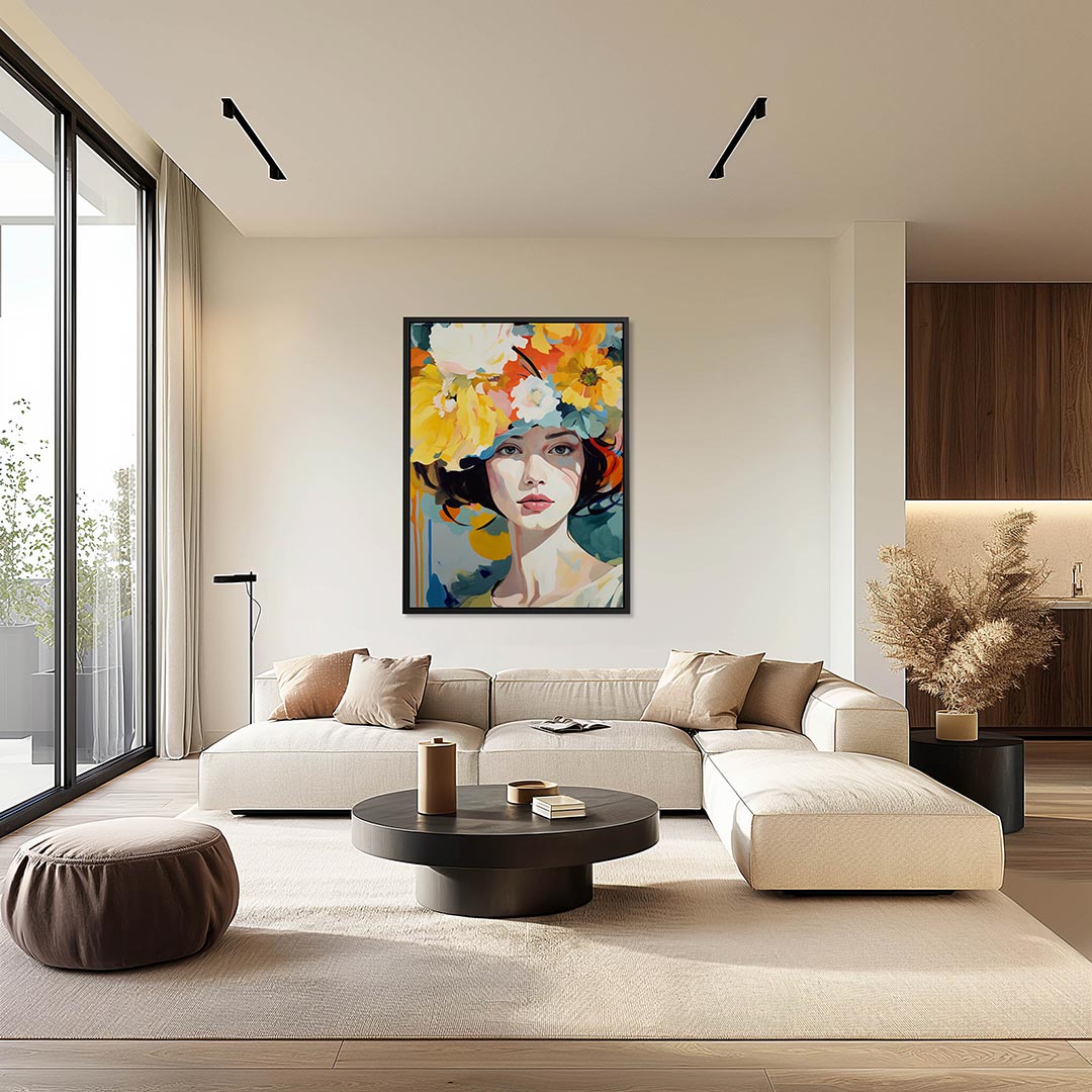 Vrouwelijk portret bloemen – moderne staande wandkunst