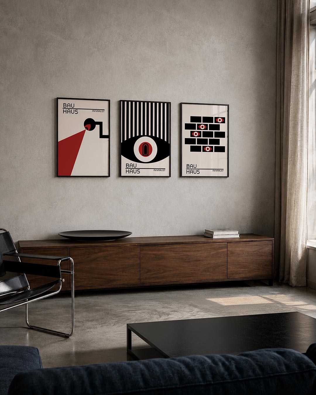 Lijnen en vlakken posterset – tweede productweergave – deze posterset in drie delen toont een spel van zwarte lijnen en rode
