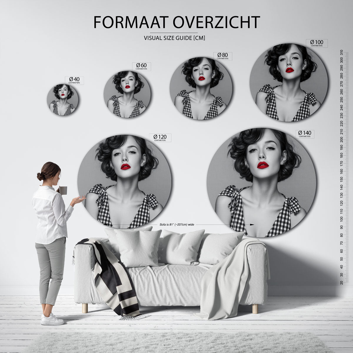 Portret met rode lippen – kleurrijke ronde muurdecoratie in Pop Art stijl