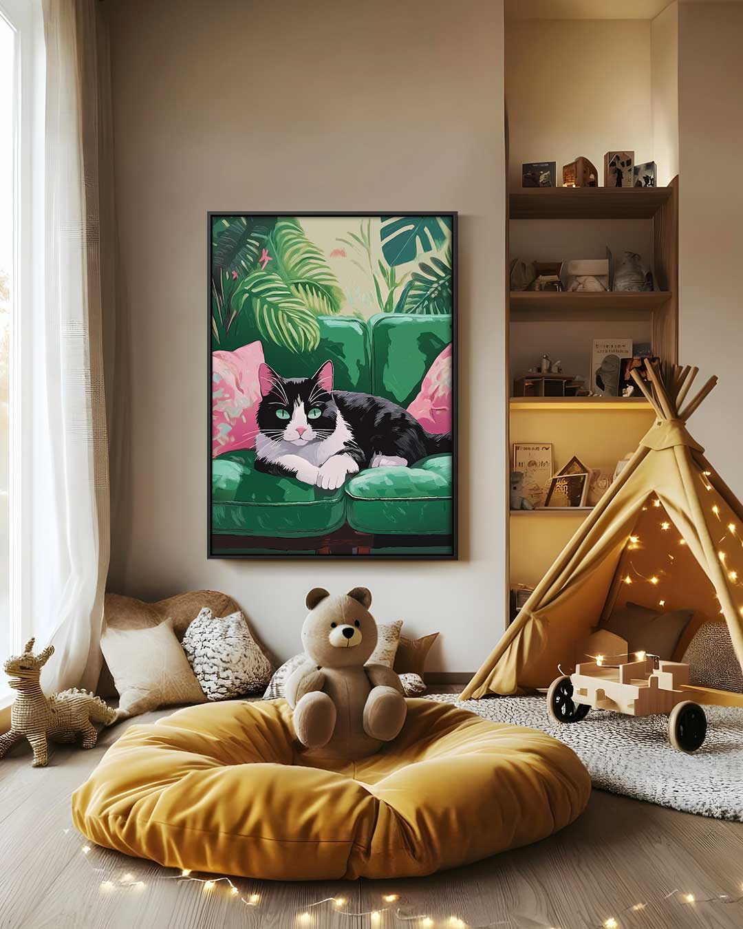 Relaxende Kat in Groene Jungle – canvas wanddecoratie in portret formaat