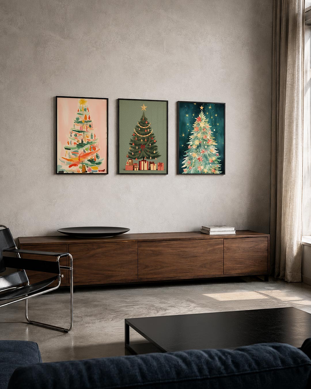 Kleurrijke kerstboom posterset – tweede productweergave – deze posterset toont een speelse kerstboom met levendige