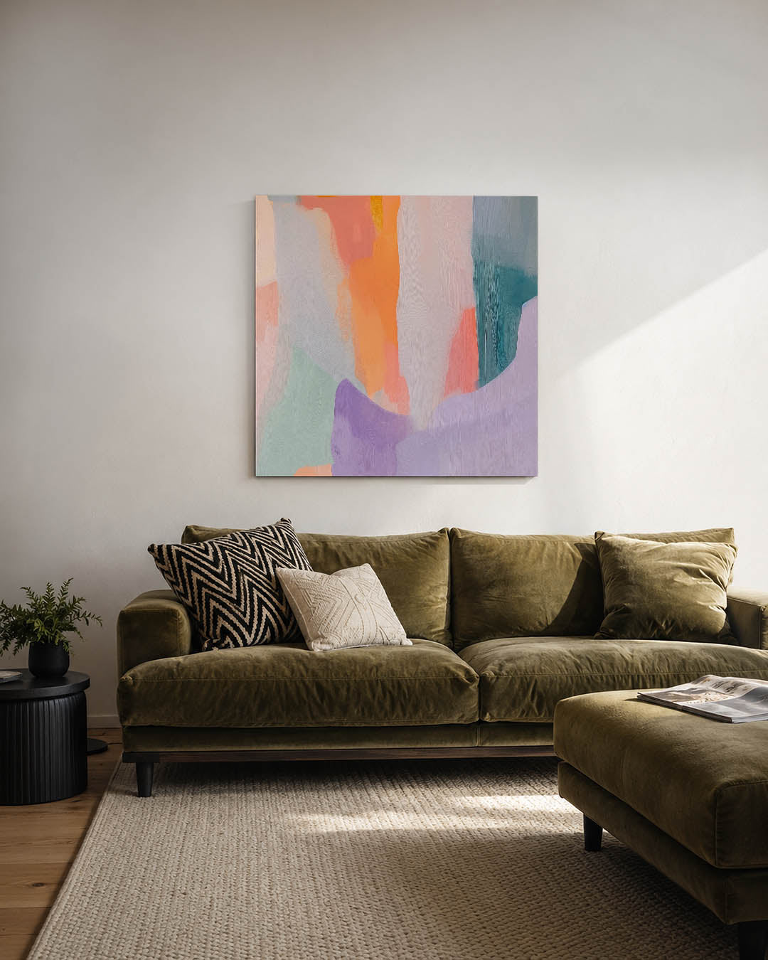 Kleurrijke vormen kunstwerk – derde productweergave – dit werk toont een dynamische compositie van vloeiende vormen en