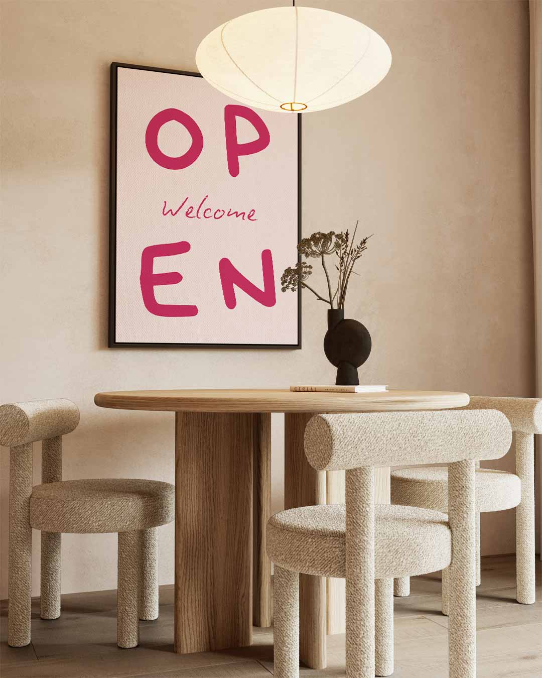 Welkomstbord "Open – kunstwerk met zwarte baklijst