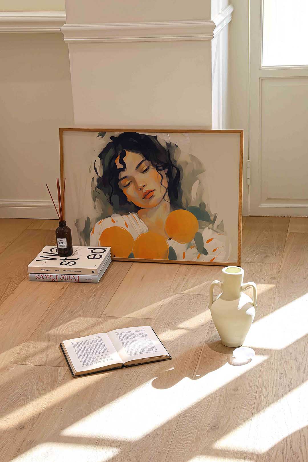 Vrouw met sinaasappels – liggende portret wanddecoratie van WallArtistic