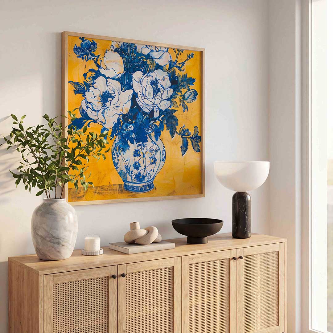 Blauwe bloemen in vaas – illustratie poster in vierkant formaat