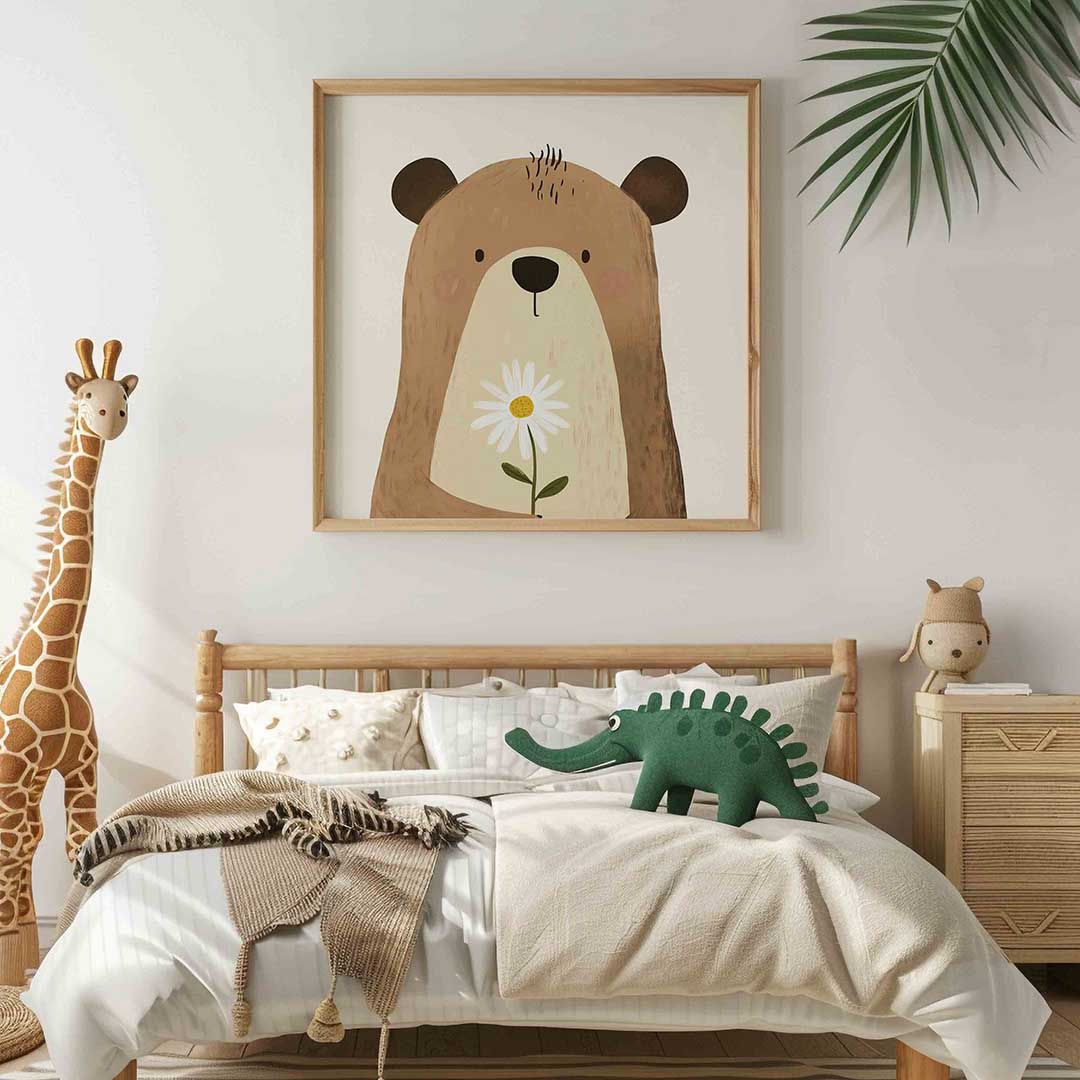 Beer met bloem – vierkante kinderkamer wanddecoratie van WallArtistic