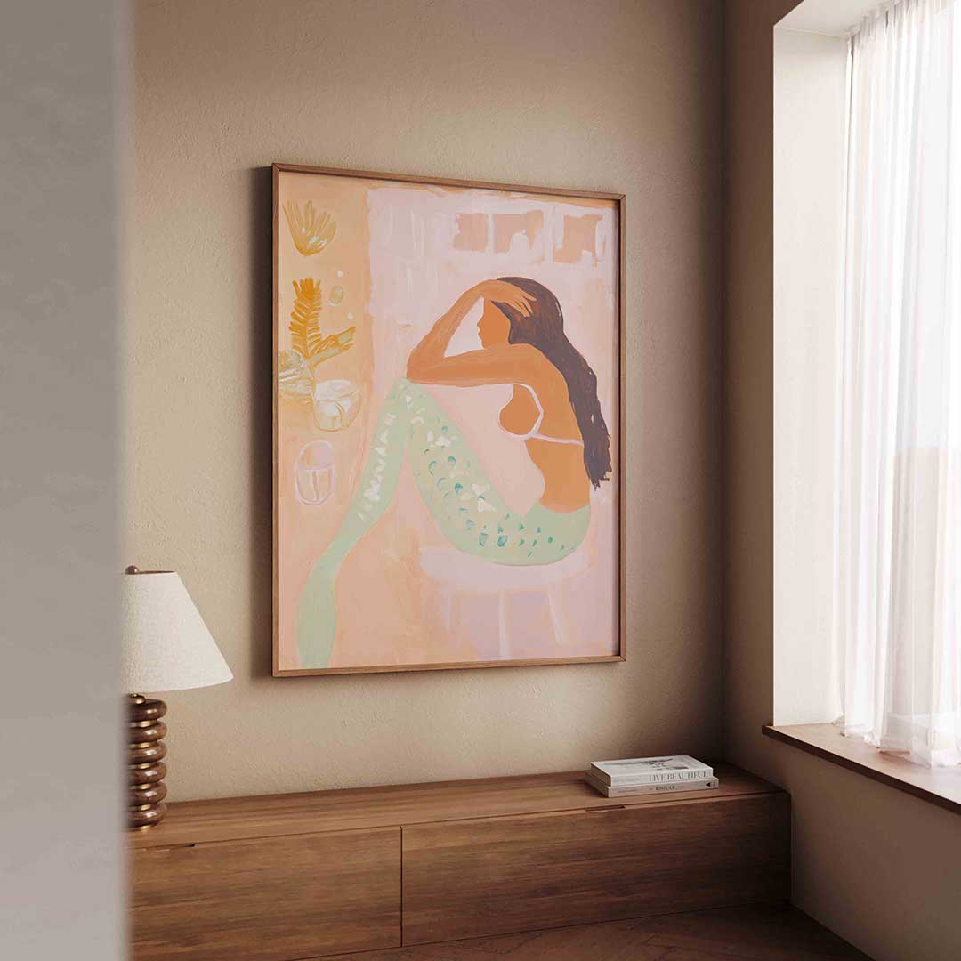 Zeemeermin in pastel – tropische wandkunst als portret poster