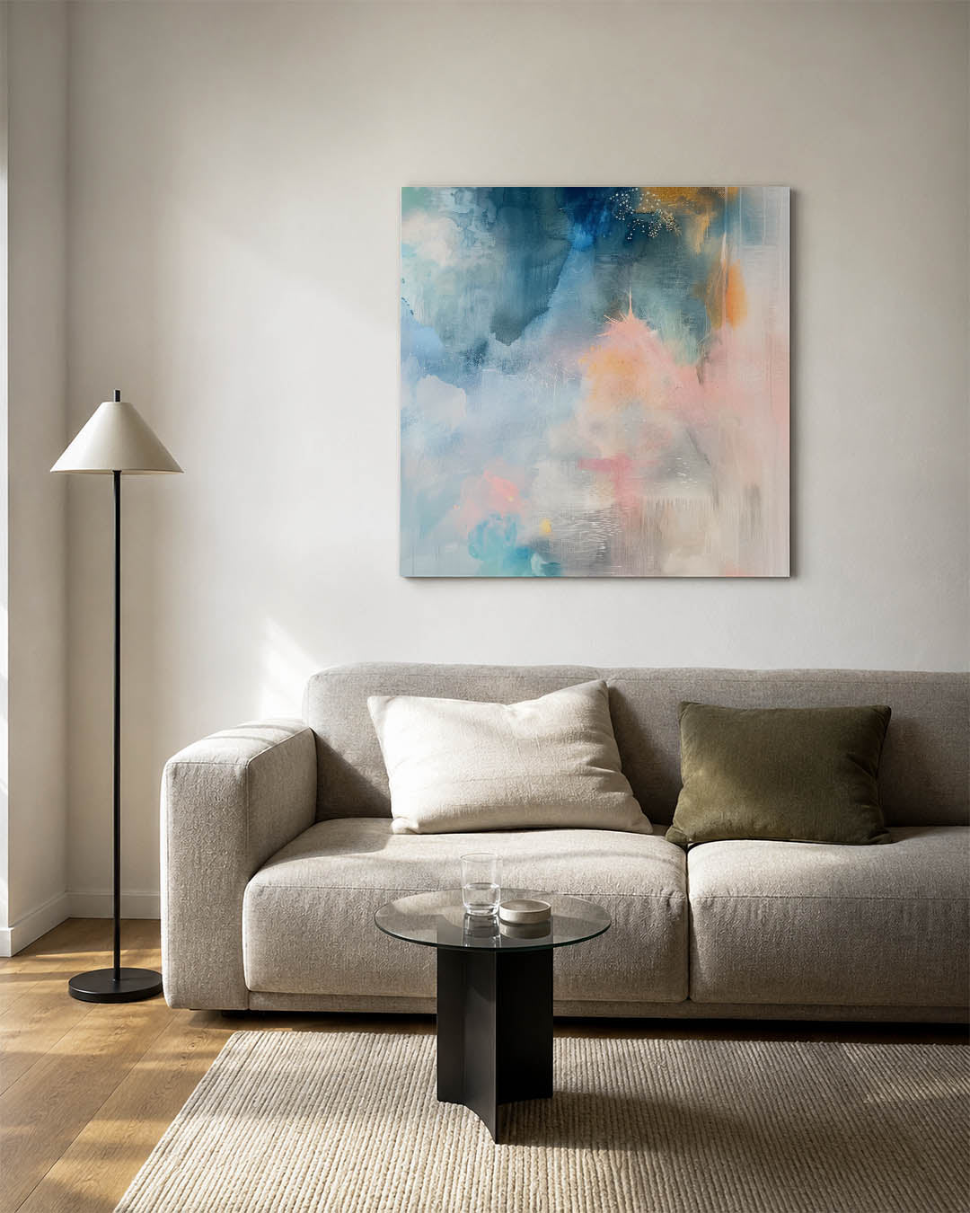 Dromerige kleurenexplosie kunstwerk – vierkante wanddecoratie – dit werk toont een vloeiende mix van zachte kleuren en
