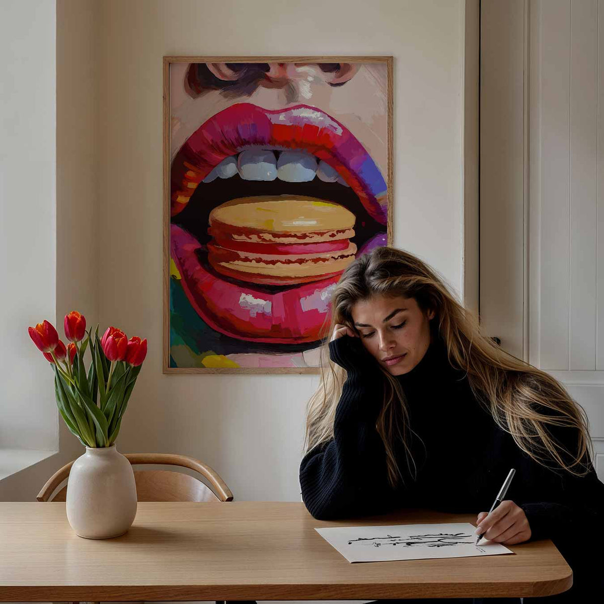 Kleurrijke Lippen Met Macaron – staande muurposter met zomerse uitstraling