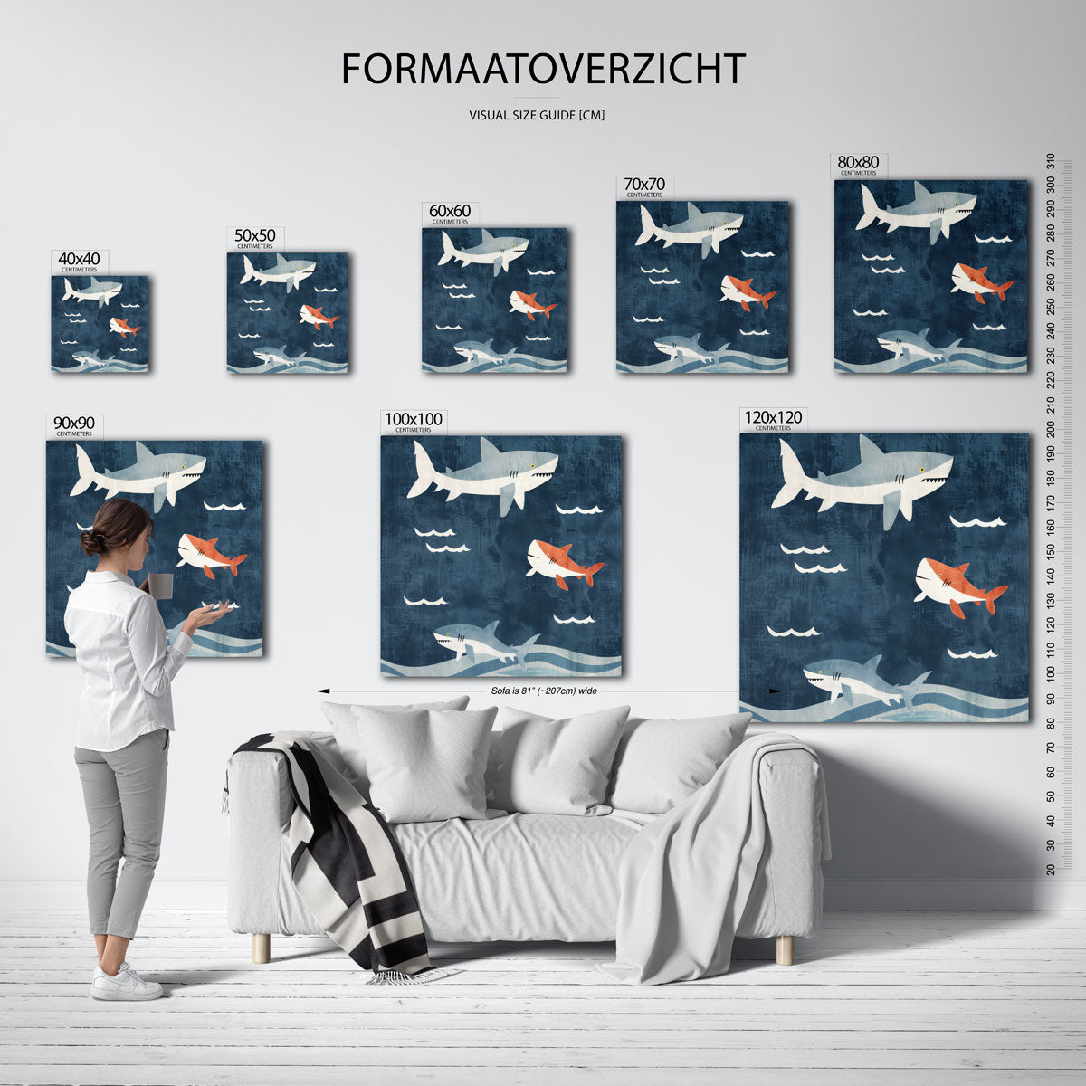 Haaien en golven – vierkante muurposter voor de kinderkamer