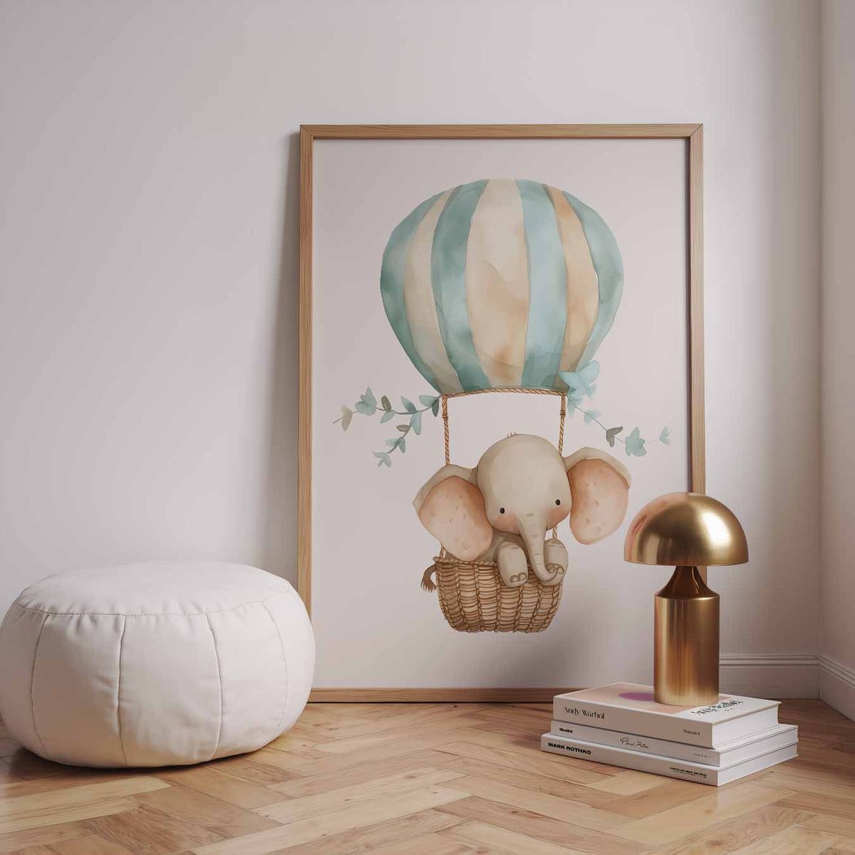 Dromerige Olifant in Luchtballon – speelse wandkunst als portret kinderposter