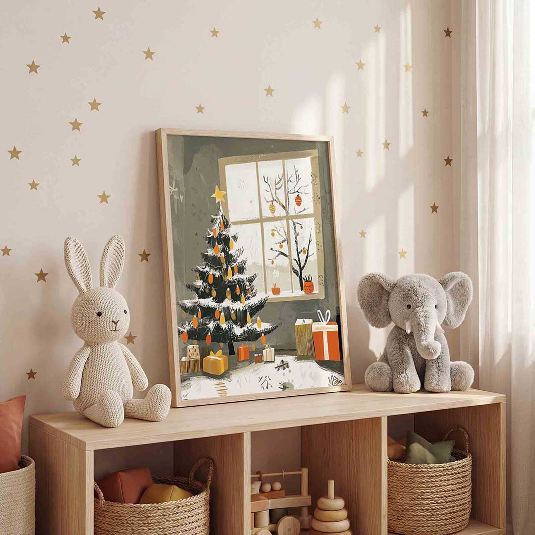 Kerstboom en cadeaus – staande kinderkamer wanddecoratie van WallArtistic