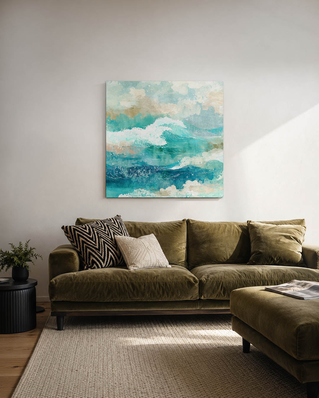 Dynamische zee kunstwerk – derde productweergave – dit werk toont een levendige zee met golven in verschillende tinten blauw