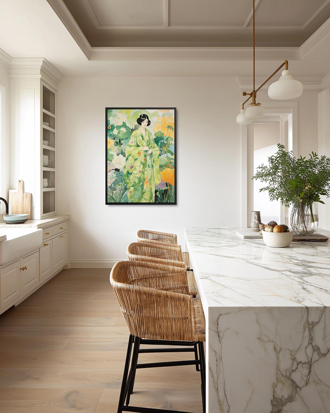 Vrouw in bloementuin – moderne staande wandkunst