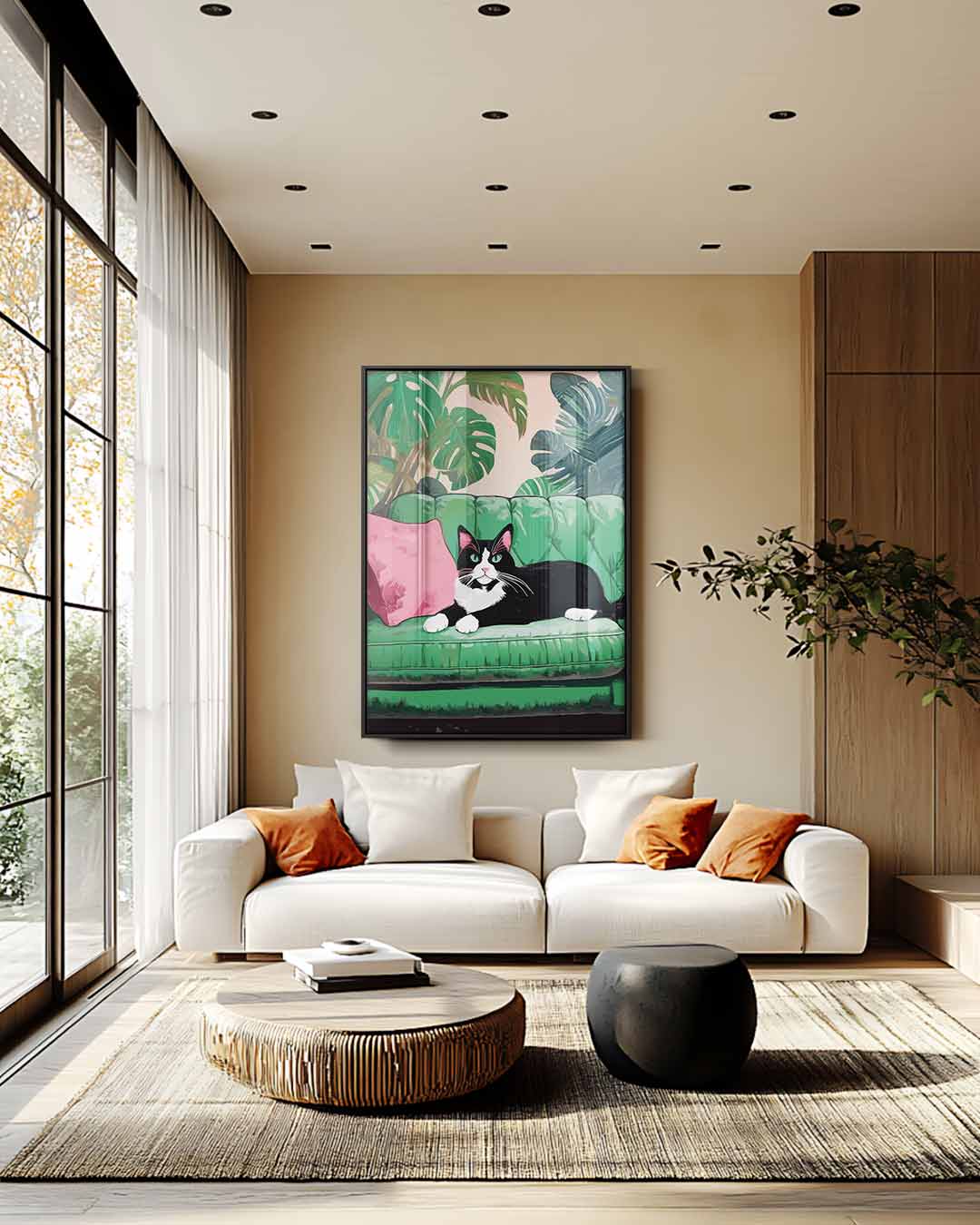 Gatto su divano verde opera d'arte