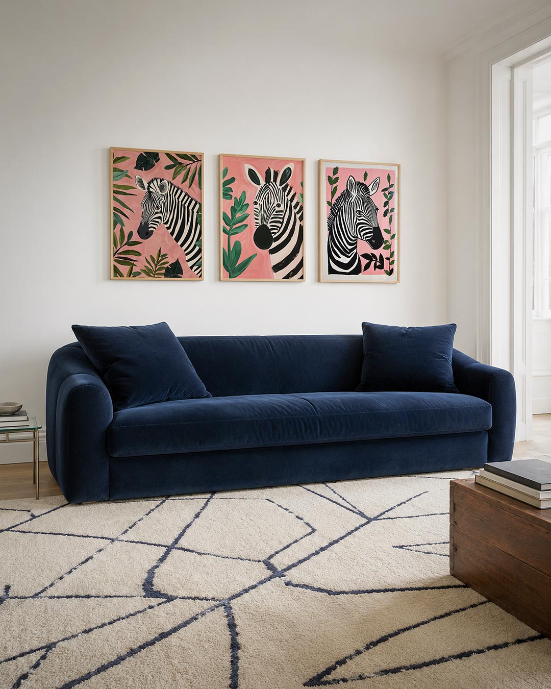 Zebra en bladeren driedelige posterset – een zebra met zwart-witte strepen omringd door groene