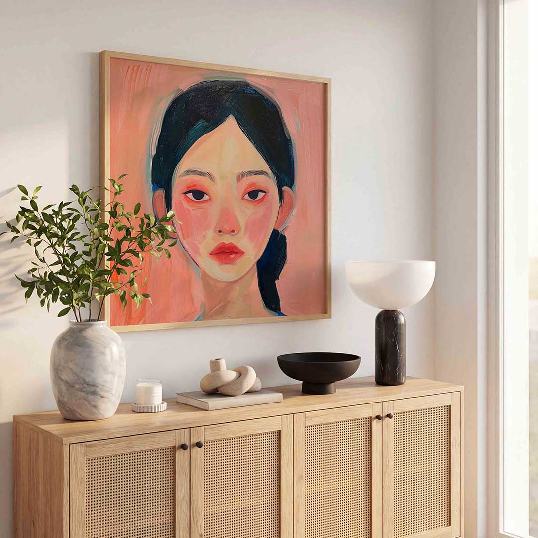 Portret met roze achtergrond – kunst en design poster in vierkant formaat
