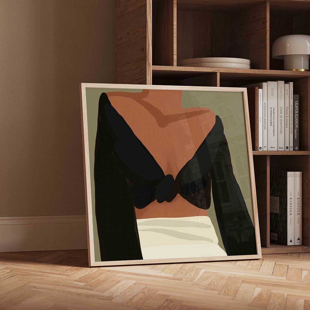 Vrouw in zwarte top – geïllustreerde wandkunst als vierkante poster