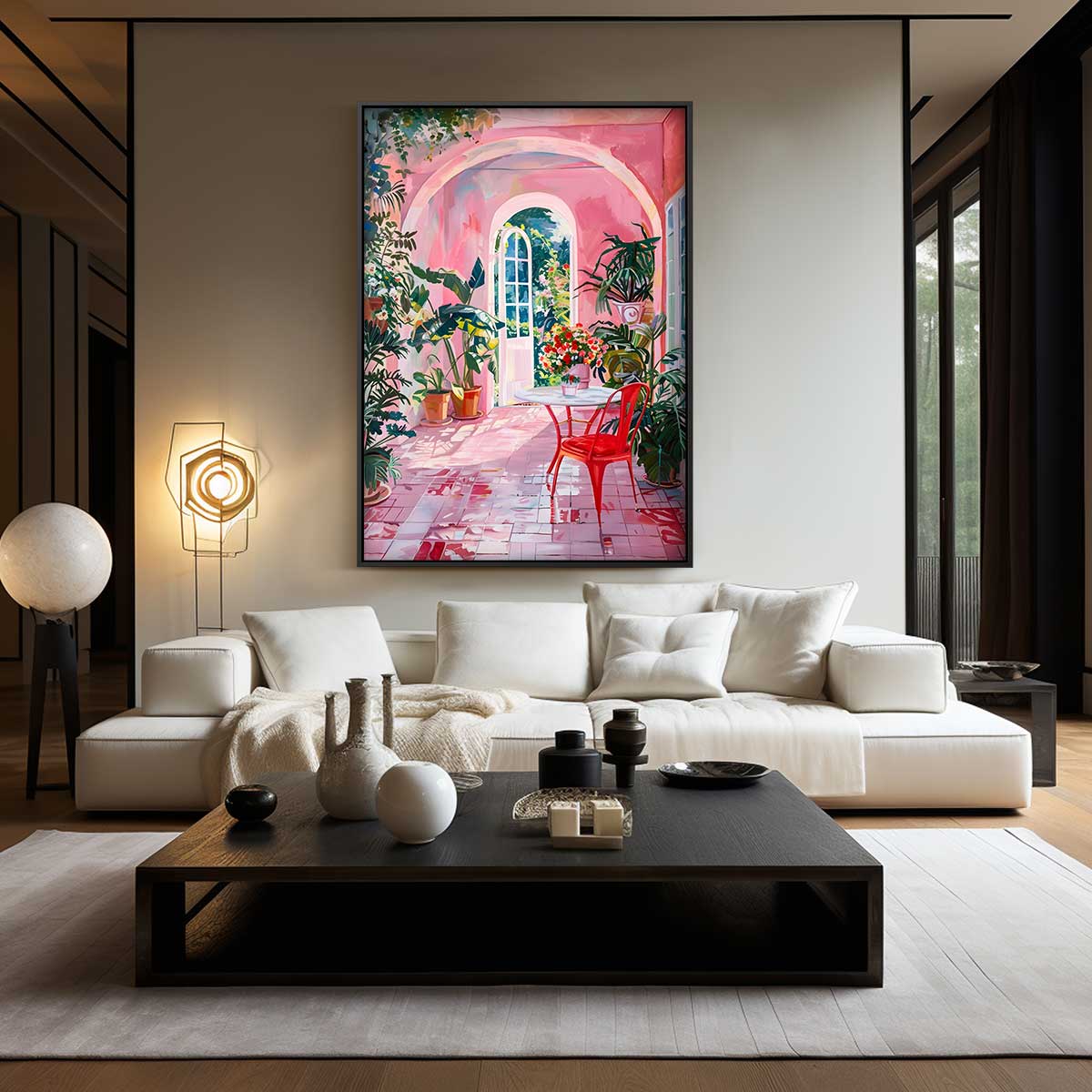 Roze Dromerige Tuinserre Schilderij – canvas wanddecoratie in portret formaat
