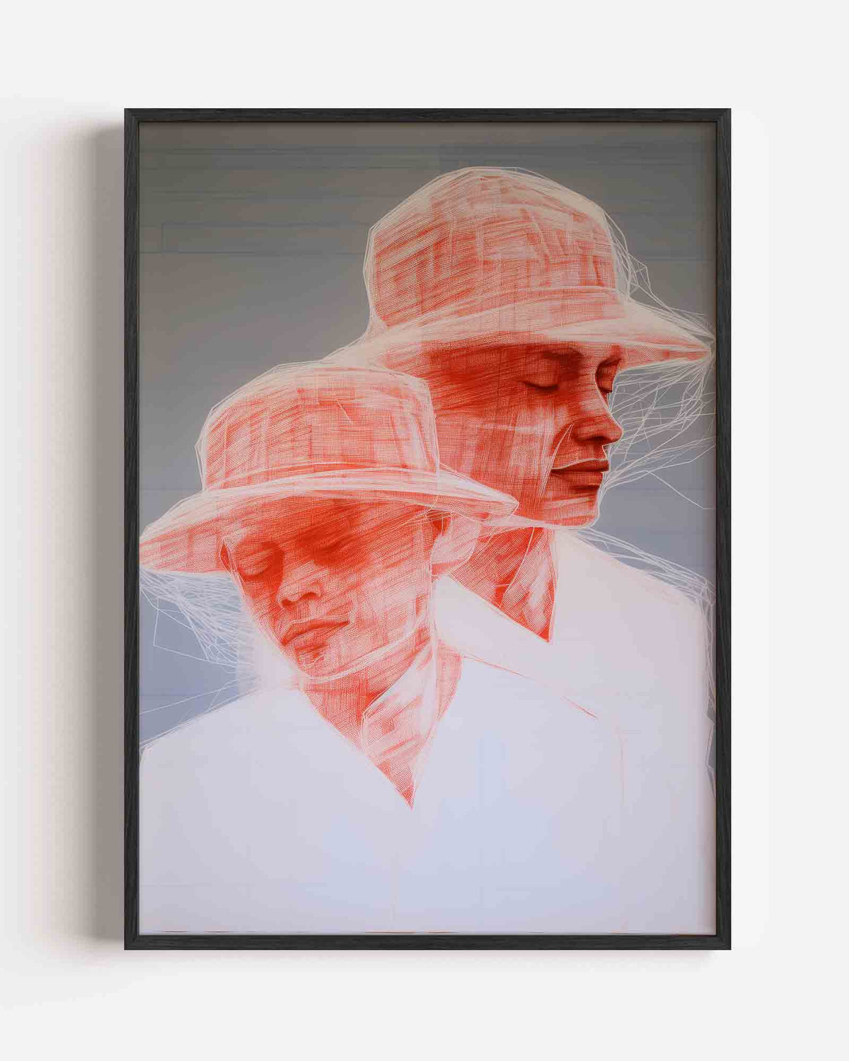 Twee figuren met hoeden – Kunst & Design poster als staande wanddecoratie