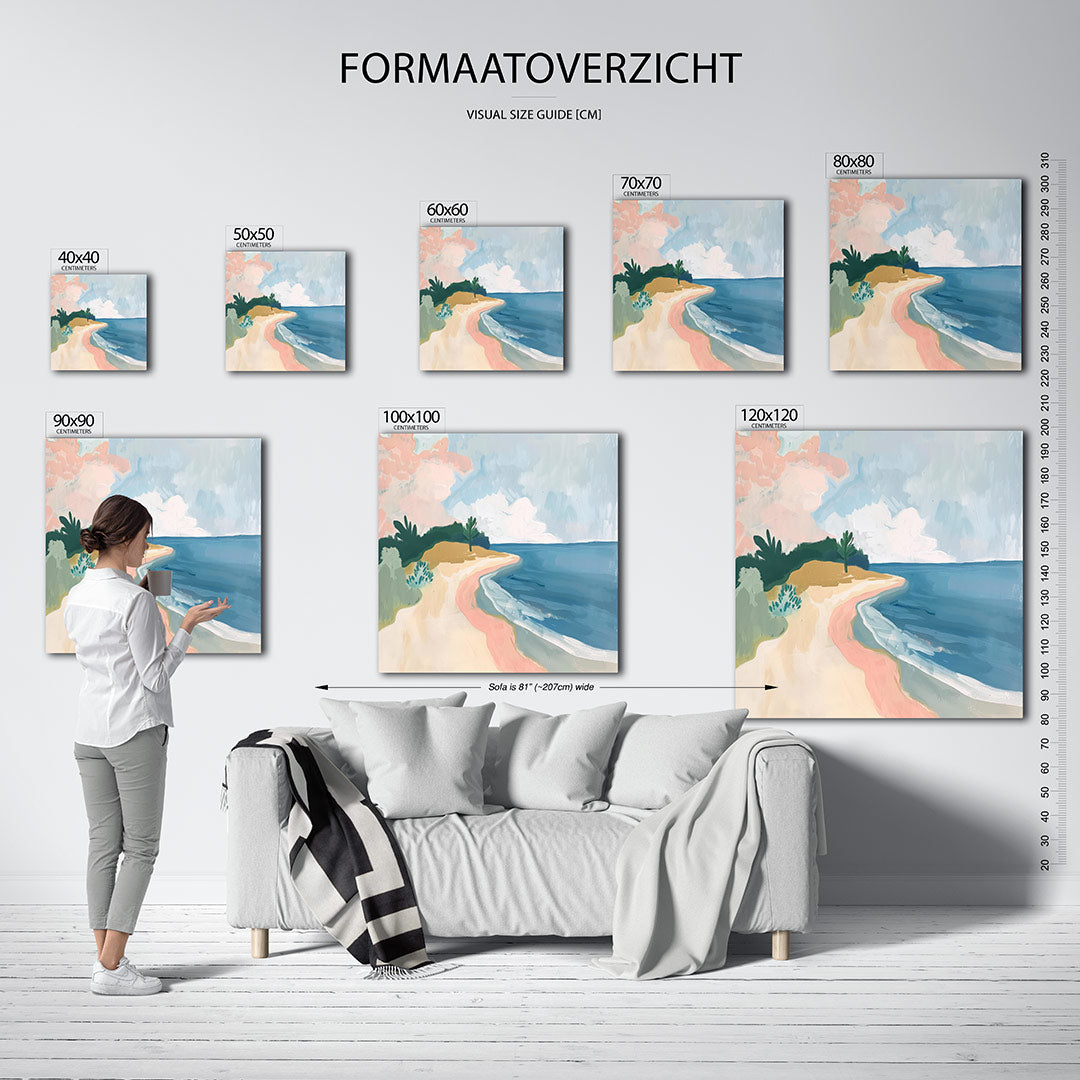 Kleurrijk strandlandschap kunstwerk – materiaalweergave – dit werk toont een serene kustlijn met zachte kleuren. De lucht en