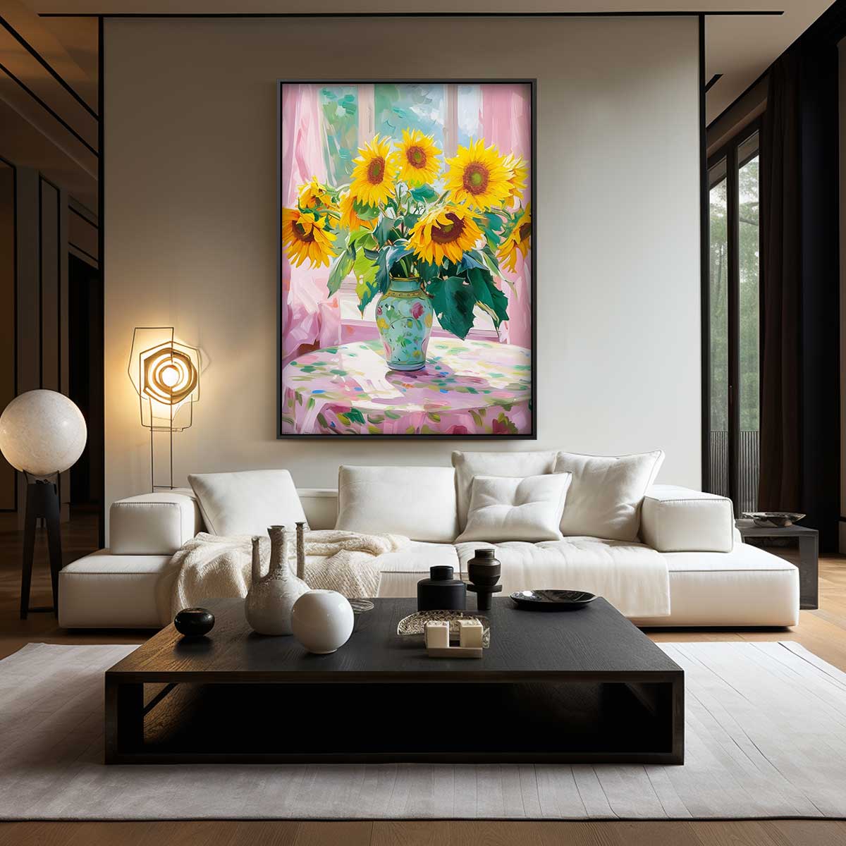 Zonnige Zonnebloemen in Vensterlicht – canvas wanddecoratie in portret formaat