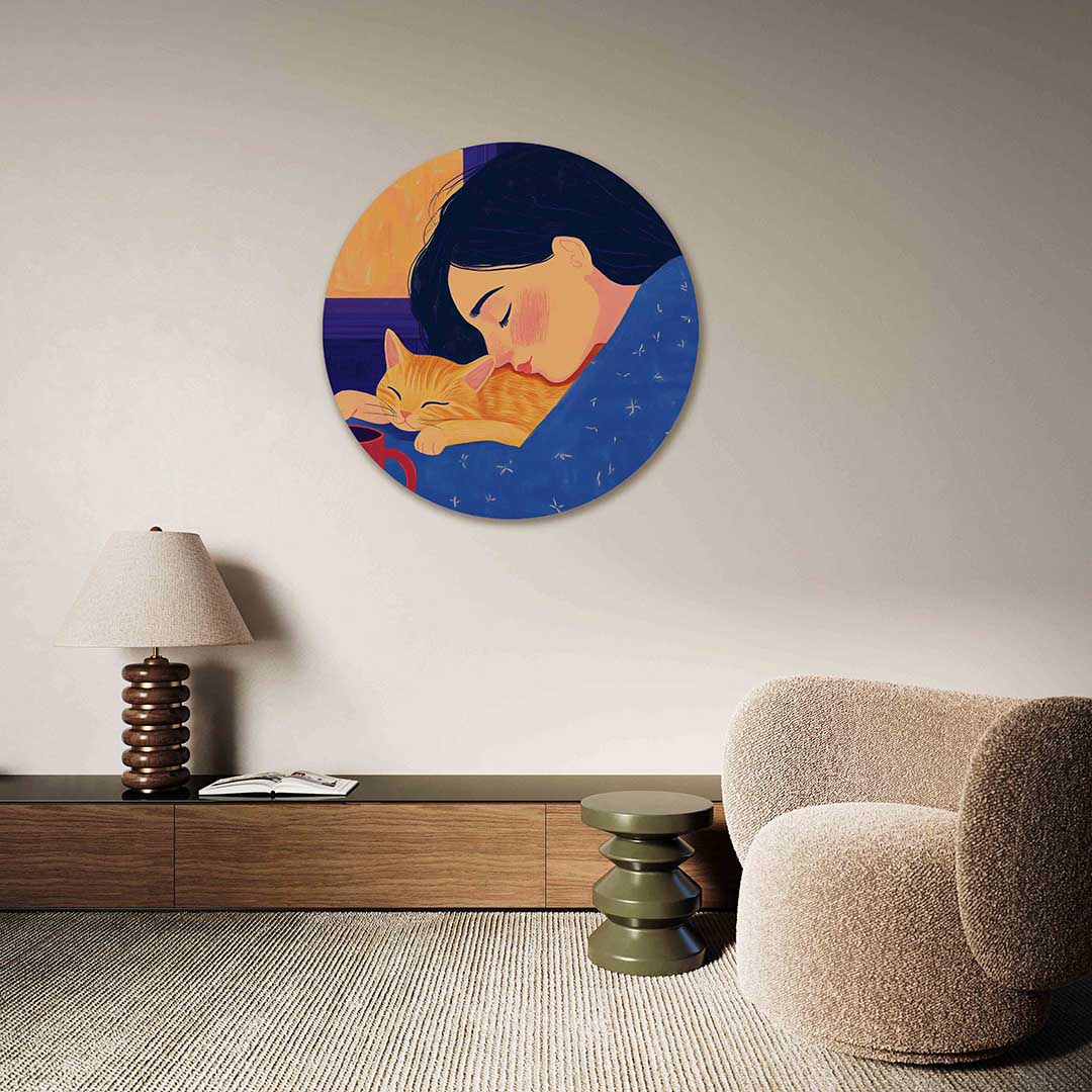 Slapende vrouw en kat – abstracte muurcirkel als ronde wanddecoratie