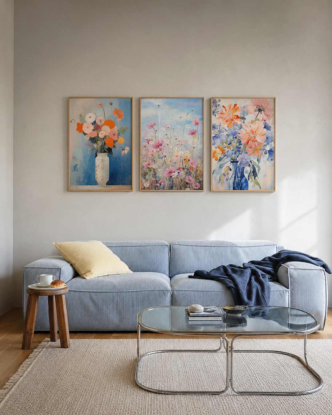 Bloemen en vaas posterset – tweede productweergave – een vaas met kleurrijke bloemen tegen een blauwe achtergrond