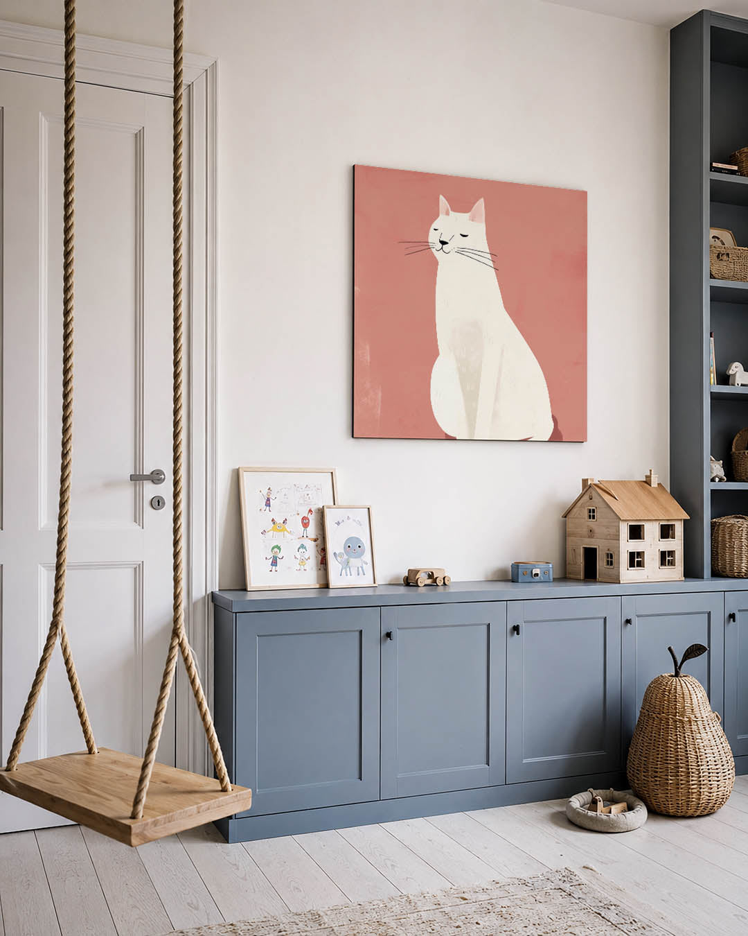 Gestileerde kat kunstwerk – vierkante wanddecoratie – dit werk toont een gestileerde kat tegen een zachte achtergrond. De