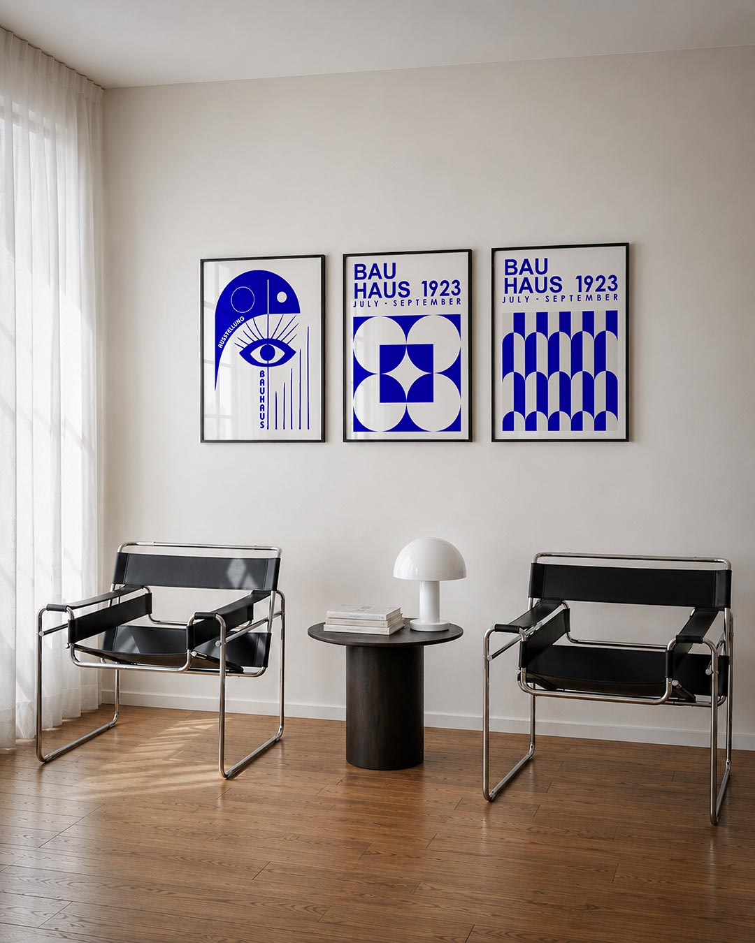 Oog en lijnen driedelige posterset – een blauw oog met stralen en lijnen, omgeven door cirkels en halve cirkels. De