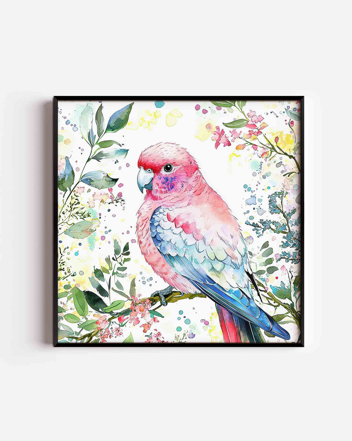 Papegaai en bloemen – vierkante dierenposter als wanddecoratie