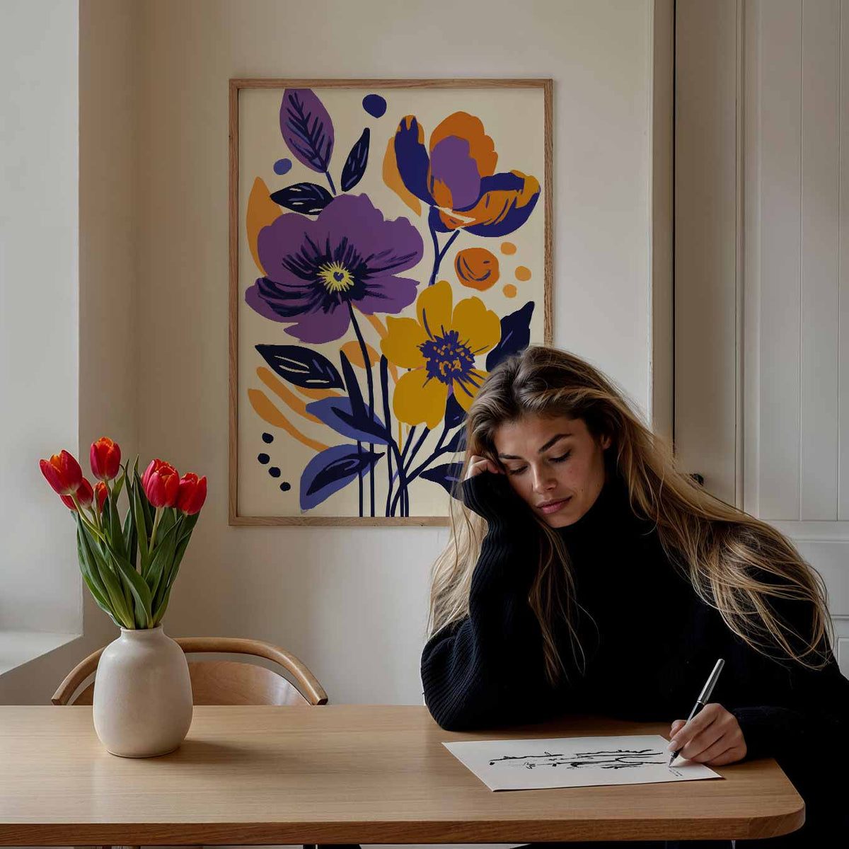 Bloemenpracht in Paars en Oranje – bloemen poster als moderne staande wanddecoratie
