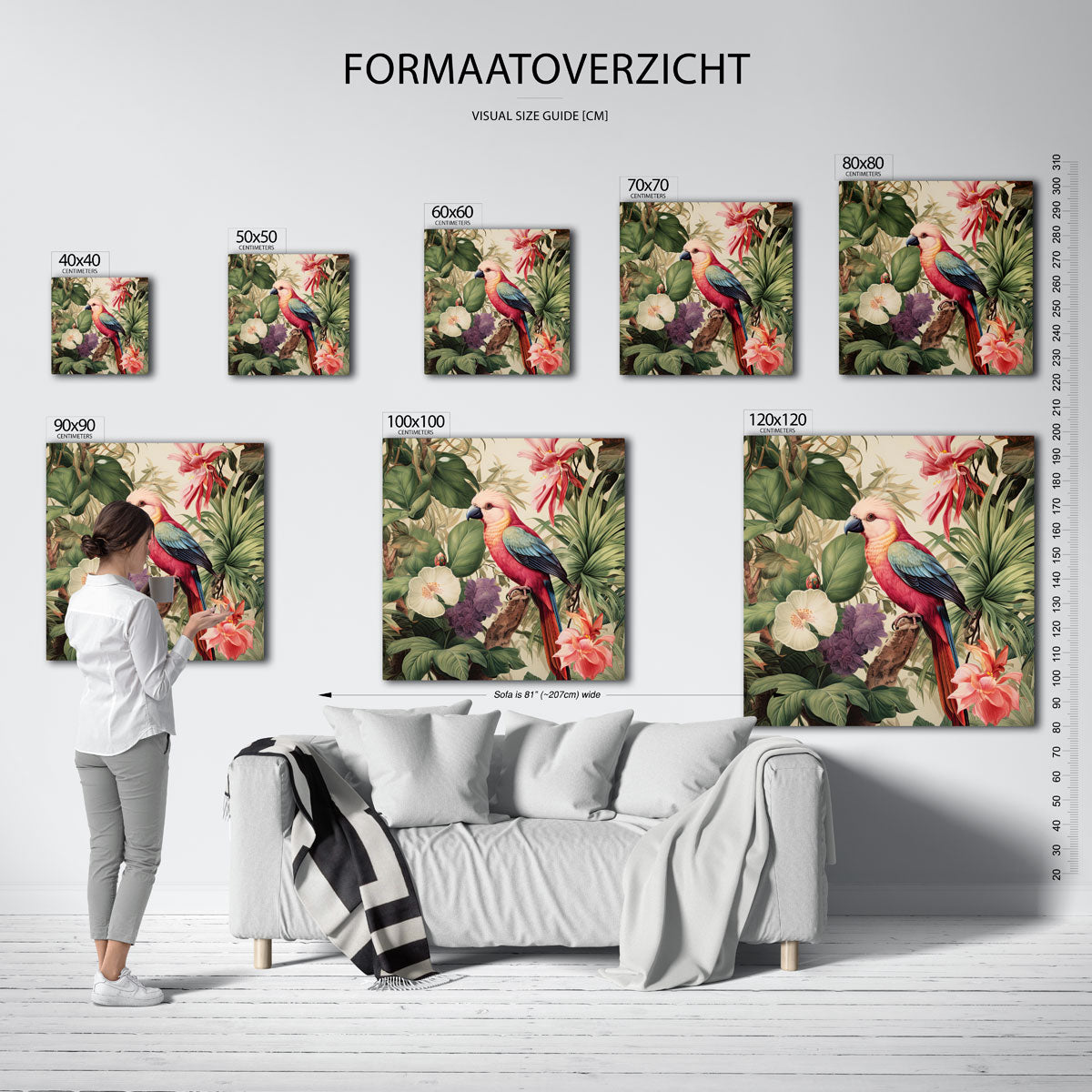 Papegaai en bloemen – vierkante jungle wanddecoratie van WallArtistic