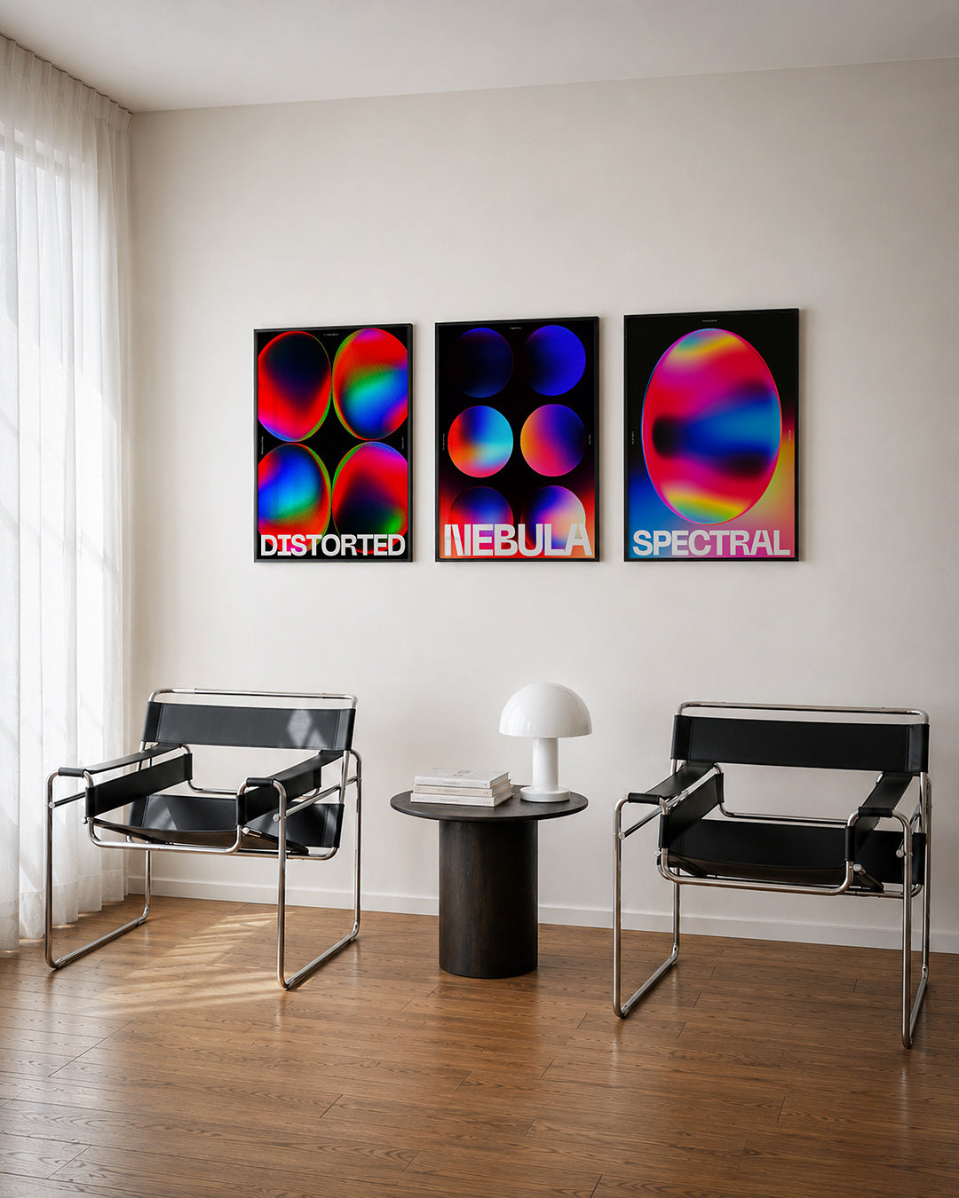 Kleurrijke cirkelcompositie driedelige posterset – vier grote cirkels met vloeiende overgangen van rood, blauw