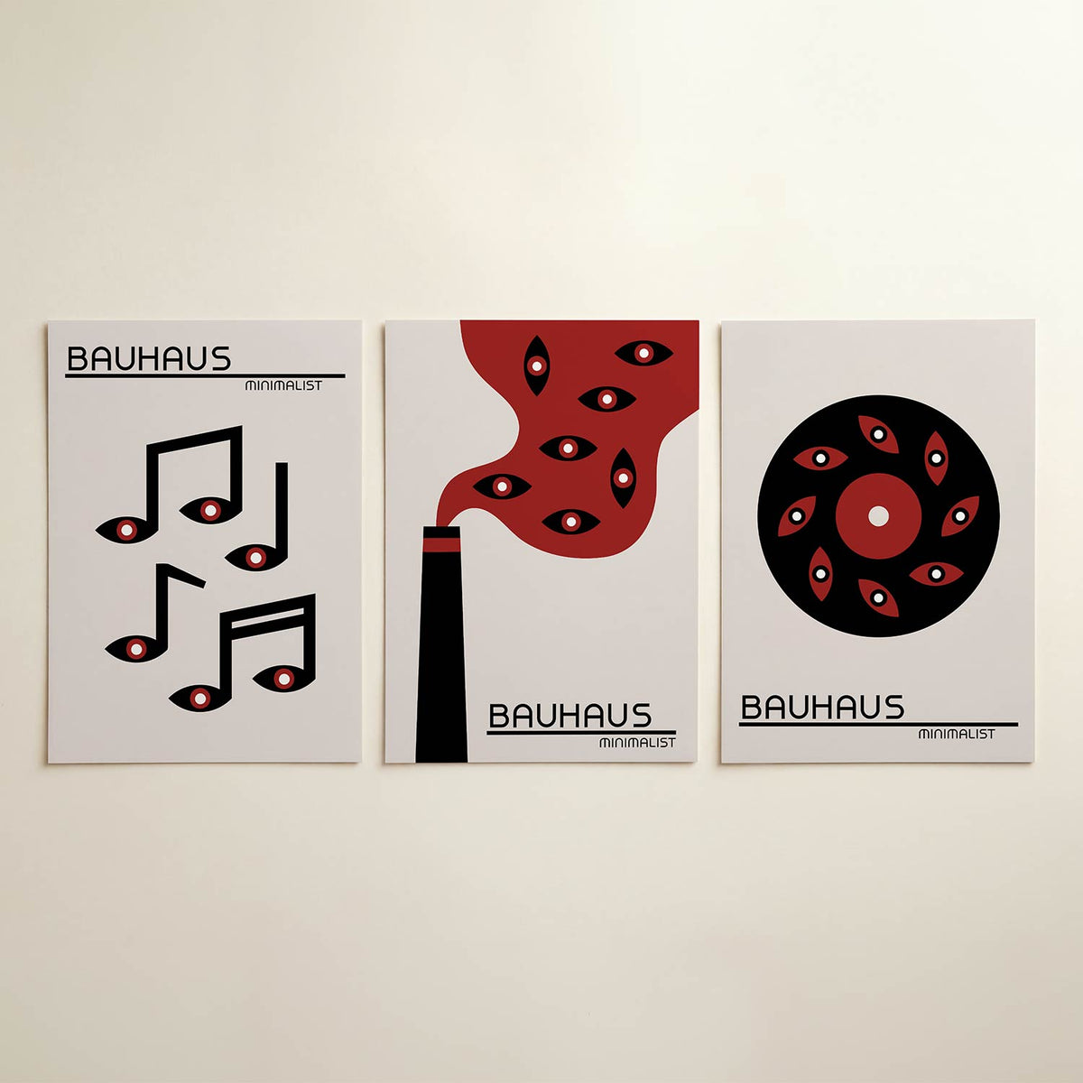 Vorm en muziek posterset – detailweergave – zwarte muzieknoten met rode accenten zweven op een lichte achtergrond. De strakke