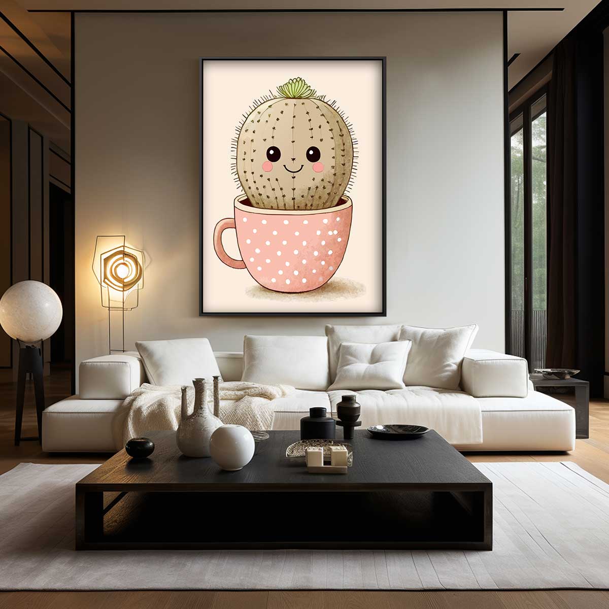 Vrolijke Cactus in Kopje – kunstwerk met zwarte baklijst