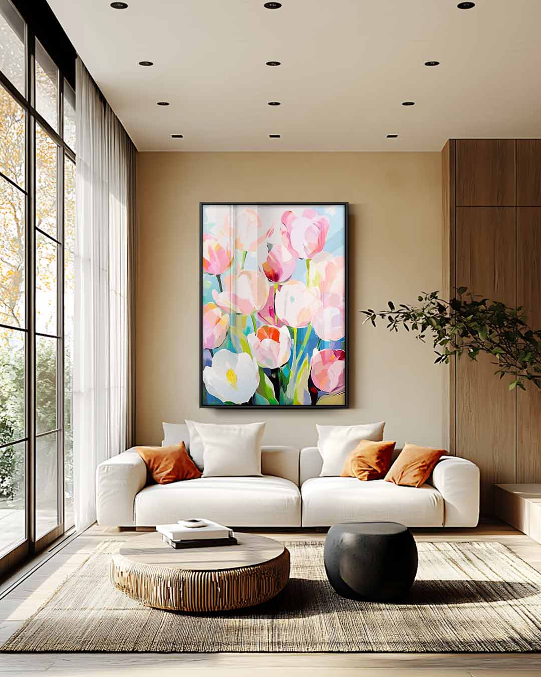 Kleurrijke Lente Tulpen – staande wandkunst voor woonkamer of interieur