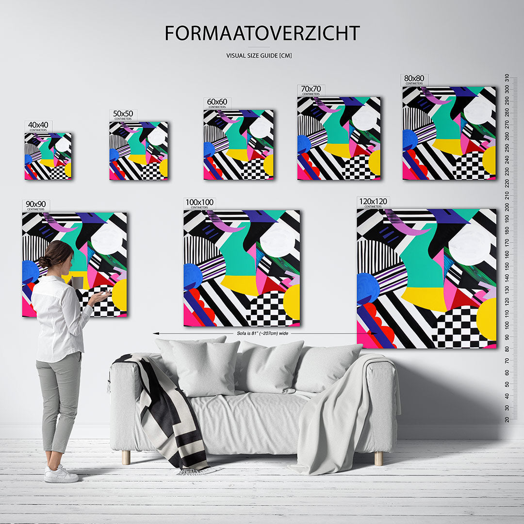 Dynamische geometrie kunstwerk – sfeerbeeld – dit werk toont een levendige mix van geometrische vormen en patronen in een
