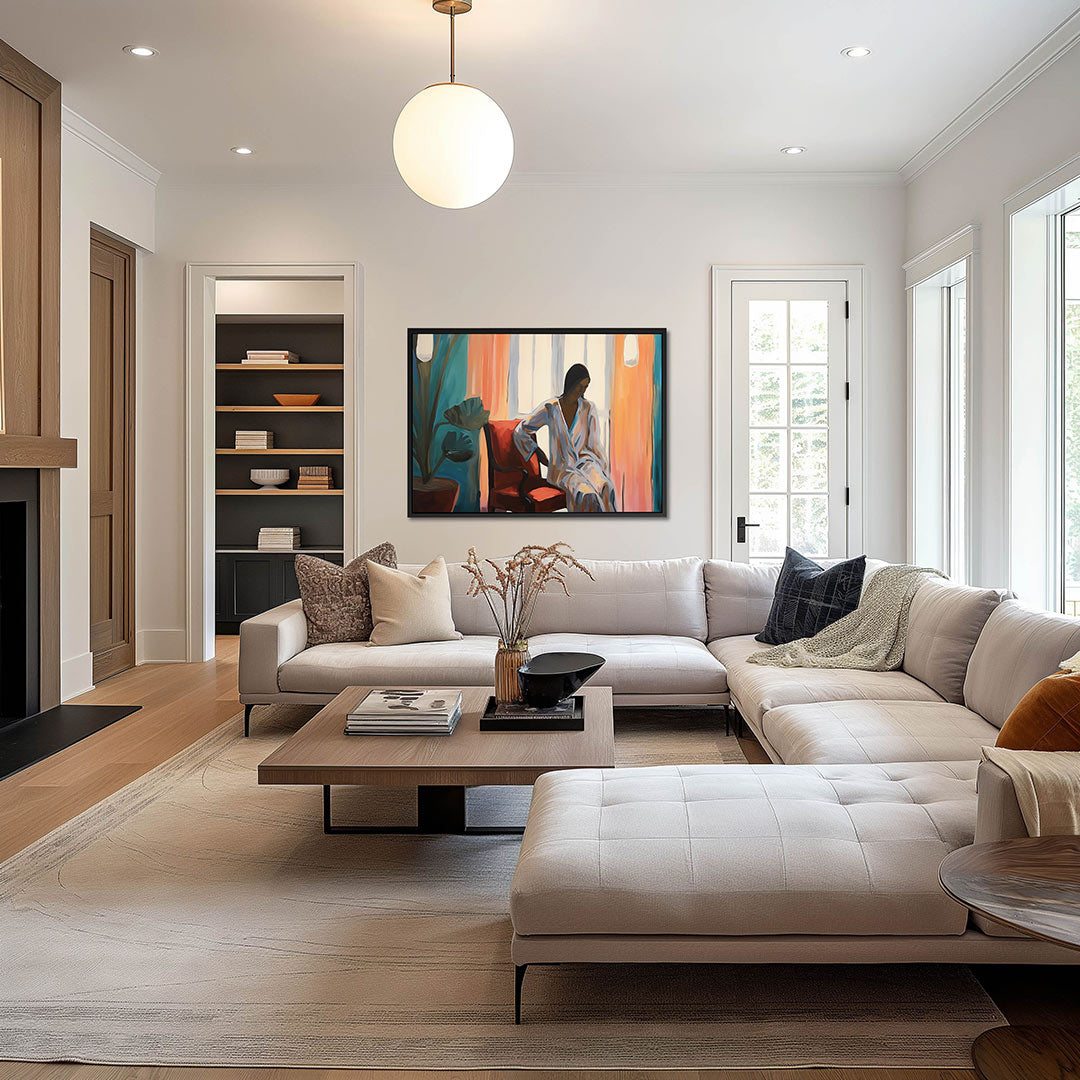 Vrouw in interieur – op canvas, dibond of plexiglas