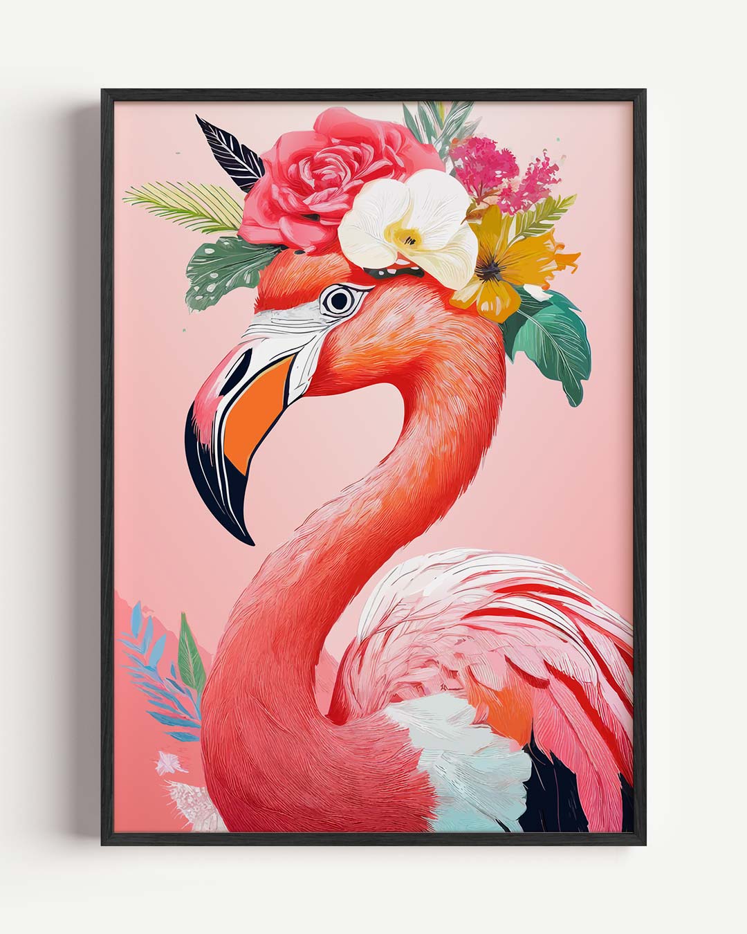 Tropische Flamingo met Bloemenkroon – kids portret poster als wanddecoratie