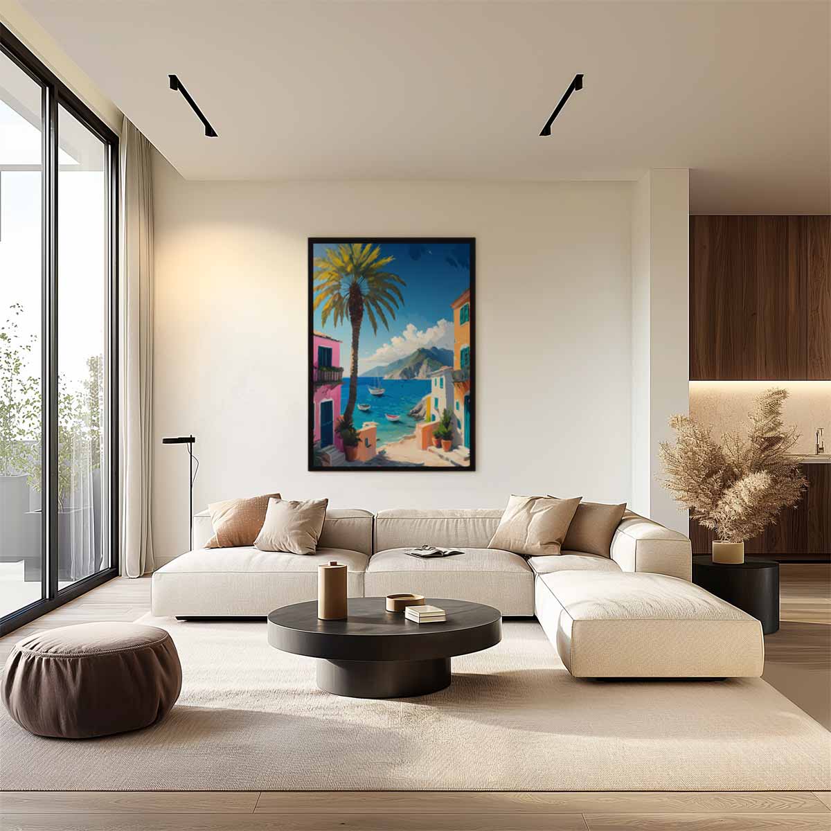 Zonovergoten Mediterraans Dorp – dibond wanddecoratie in staand formaat