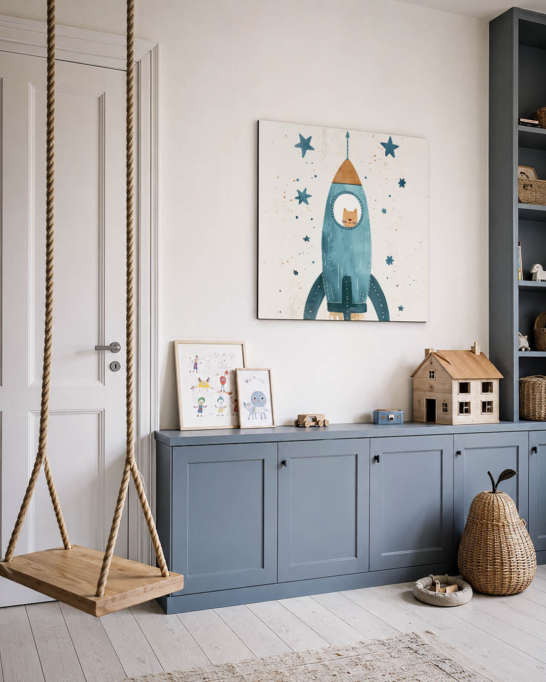 Dromerige ruimteraket kunstwerk – vierkante wanddecoratie – een illustratie van een blauwe raket met een kat erin, omringd